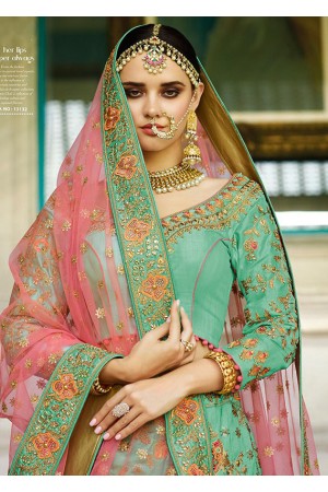 Green and Pink Color Raw, Satin Silk, Net Viscose dola Georgette Stone With Embroidery